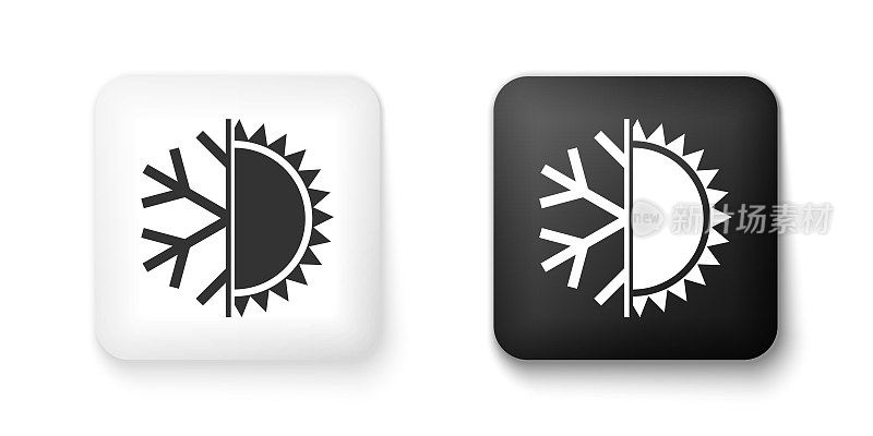 Black and white Hot and cold symbol. Sun and snowflake icon isolated on white background. Winter and summer symbol. Square button. Vector
